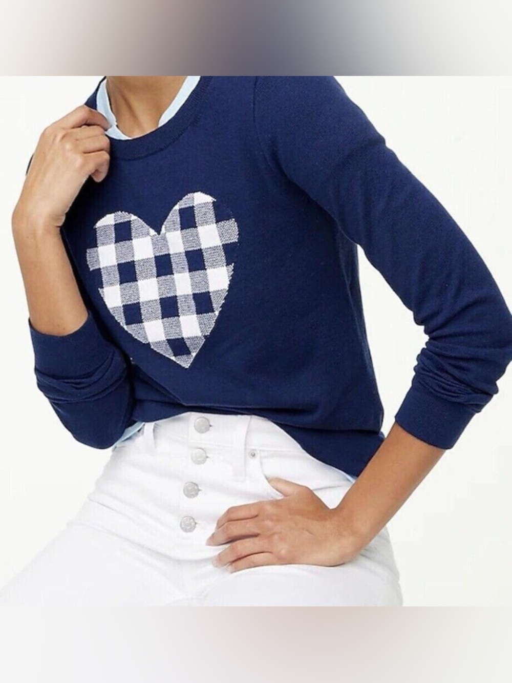 NWT J. Crew Womens Sweater Teddie 100% Cotton Navy Blue Plaid Heart Size Small